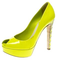 Dior Lime Green Patent Leather Peep Toe Cannage Heel Platform Pumps Size 37.5