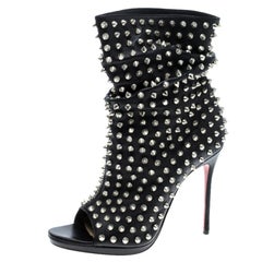 Christian Louboutin Black Spiked Leather Guerilla Open Toe Slouchy Ankle Boots S