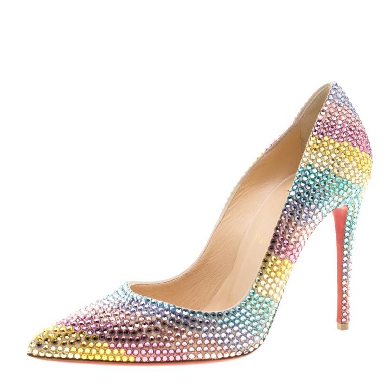 Christian Louboutin Multicolor Crystal Embelllished Suede Rainbow Strass  Pointed at 1stDibs | rainbow louboutin, rainbow crystal heels