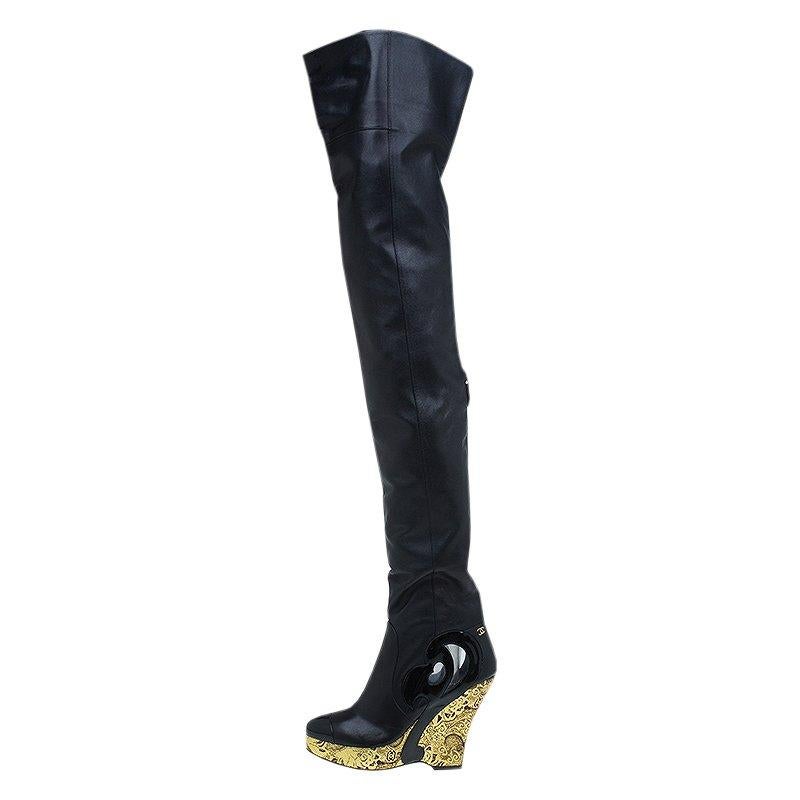Women's Chanel Black Leather Metallic Gold Brocade Wedge Thigh High Boots Size 39