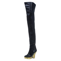 Chanel Black Leather Metallic Gold Brocade Wedge Thigh High Boots Size 39