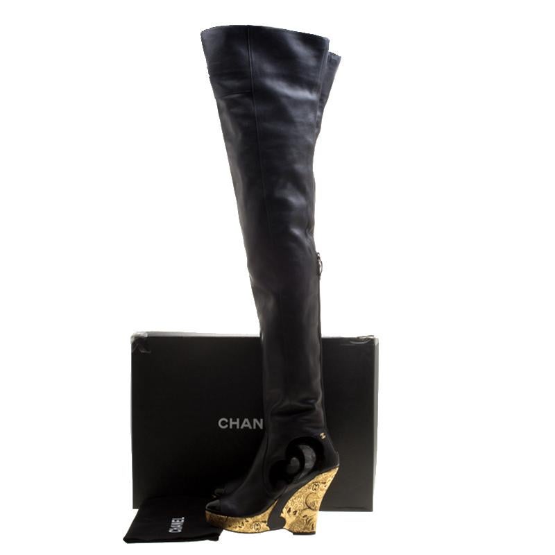 Chanel Black Leather Metallic Gold Brocade Wedge Thigh High Boots Size 39 2