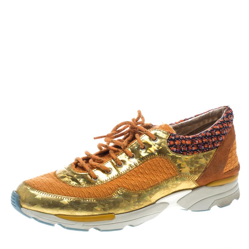 Chanel Orange Tweed and Holographic Leather Lace Up Sneakers Size 42