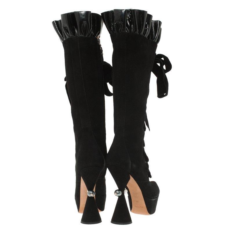 Louis Vuitton Black Suede and Patent Ruffle Cancan Velvet Lace Up Knee Boots Siz In Good Condition In Dubai, Al Qouz 2