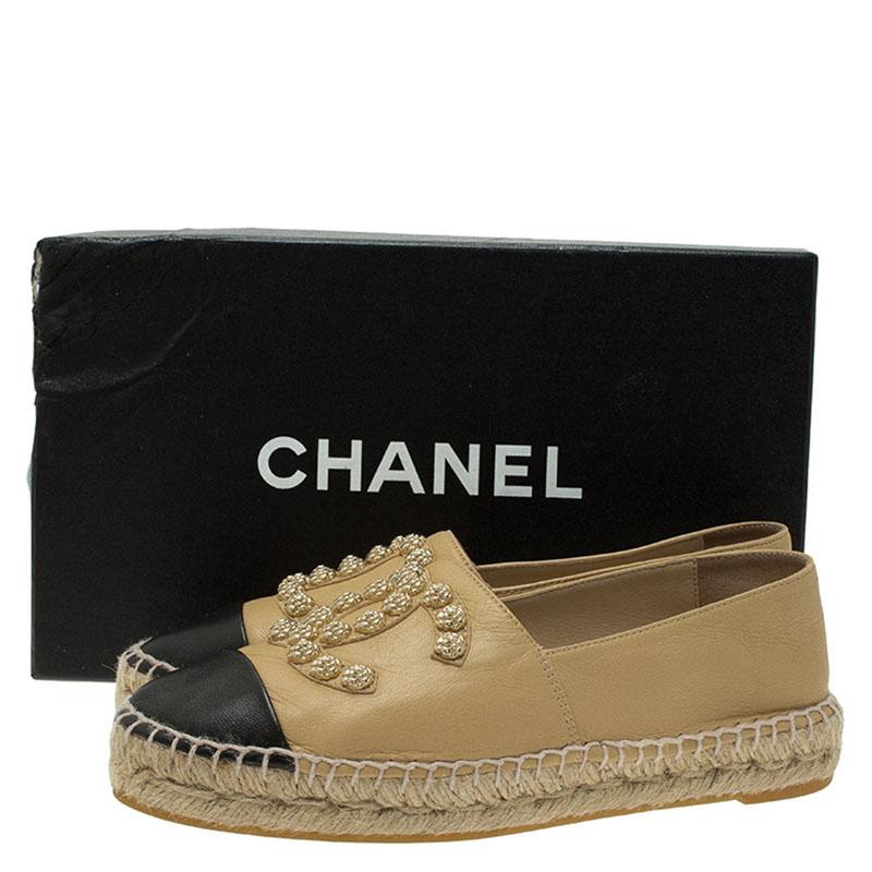Chanel Beige and Black Leather Camellia Studded Espadrilles Size 36 3