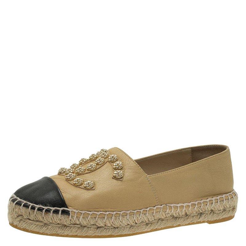 Chanel Beige and Black Leather Camellia Studded Espadrilles Size 36