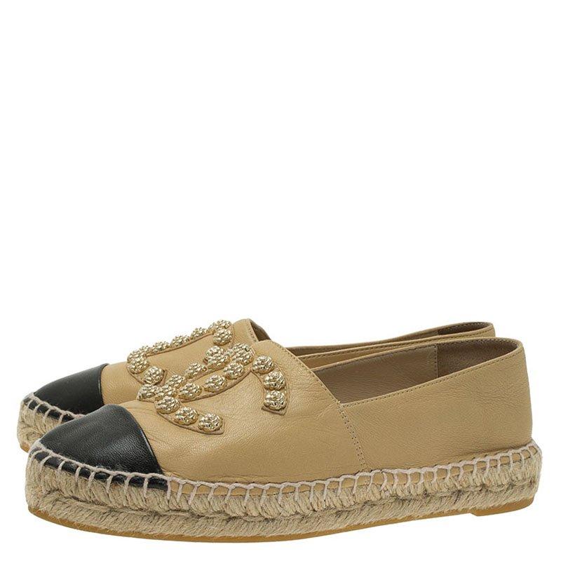 Chanel Beige and Black Leather Camellia Studded Espadrilles Size 36 2