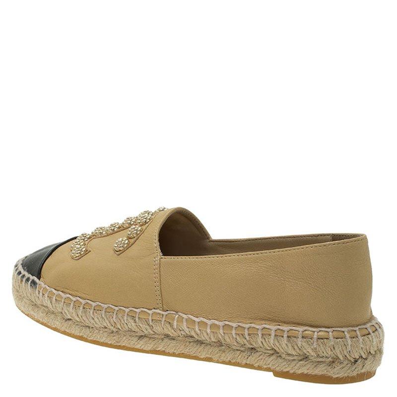 Chanel Beige and Black Leather Camellia Studded Espadrilles Size 36 1
