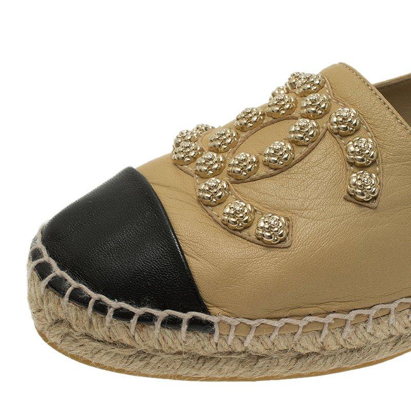 Chanel Beige and Black Leather Camellia Studded Espadrilles Size 36 4