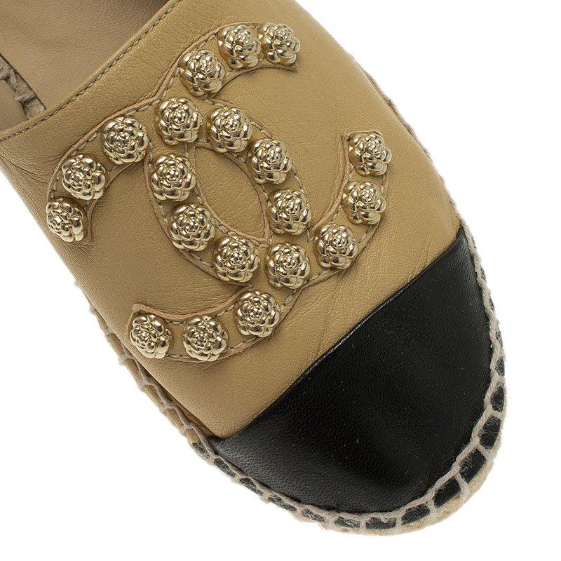 Chanel Beige and Black Leather Camellia Studded Espadrilles Size 36 5