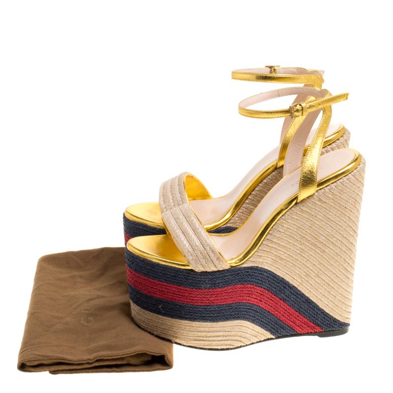 Women's Gucci Metallic Gold Leather Web Platform Ankle Strap Espadrille Wedge Sandals Si