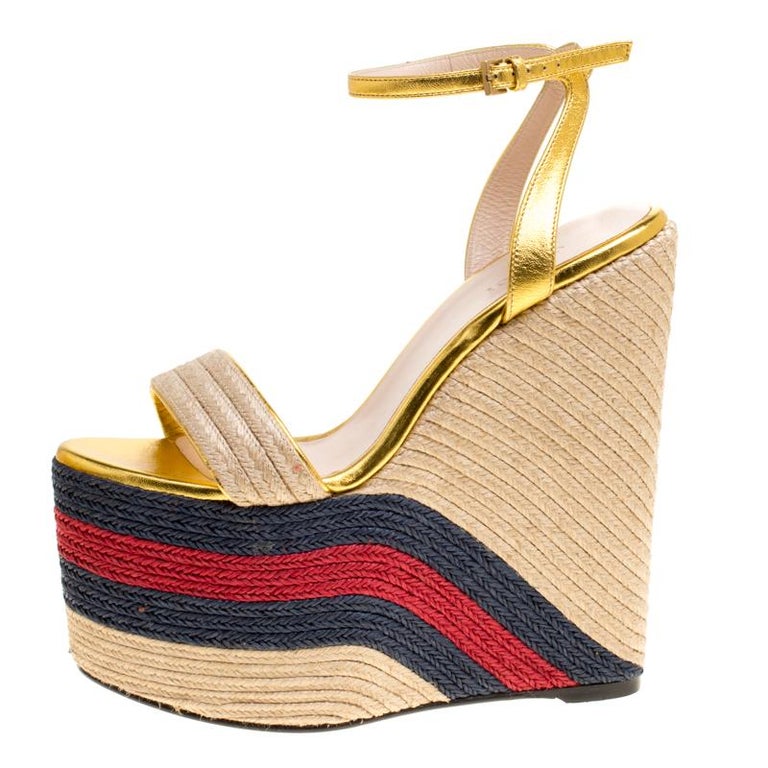 Gucci Metallic Gold Leather Web Platform Ankle Strap Espadrille Wedge  Sandals Si at 1stDibs | si gucci, gucci wedge sandals, gold gucci wedges