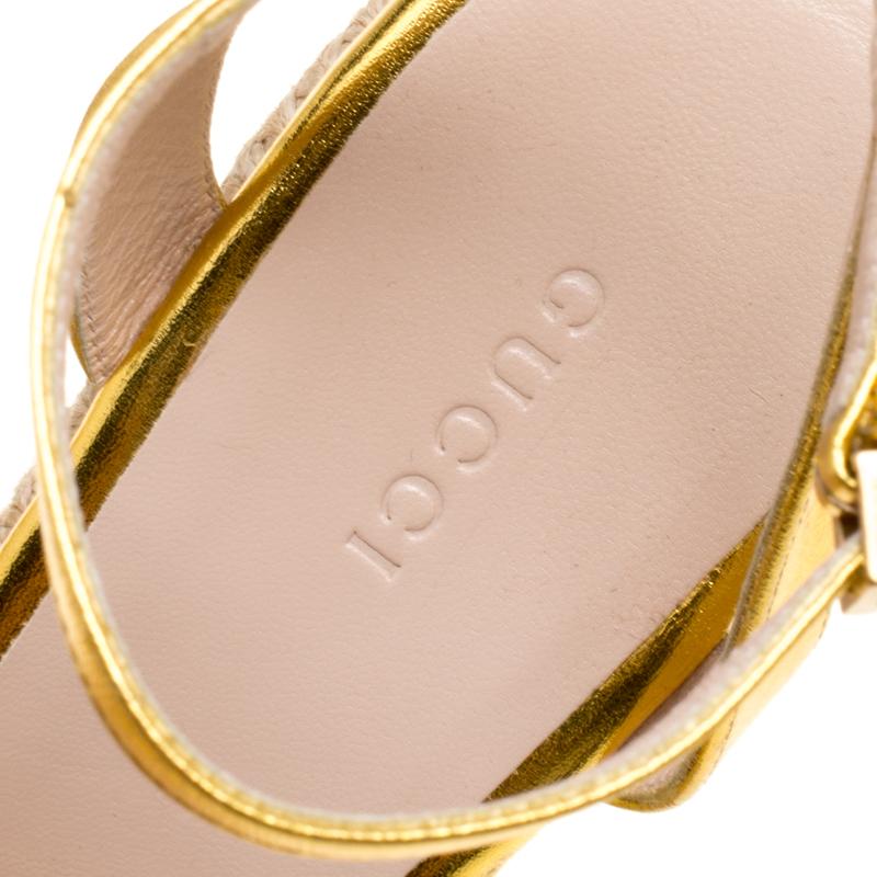Gucci Metallic Gold Leather Web Platform Ankle Strap Espadrille Wedge Sandals Si 1