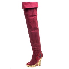 Chanel Red Fabric and Patent Leather Metallic Gold Brocade Wedge Thigh High Boot