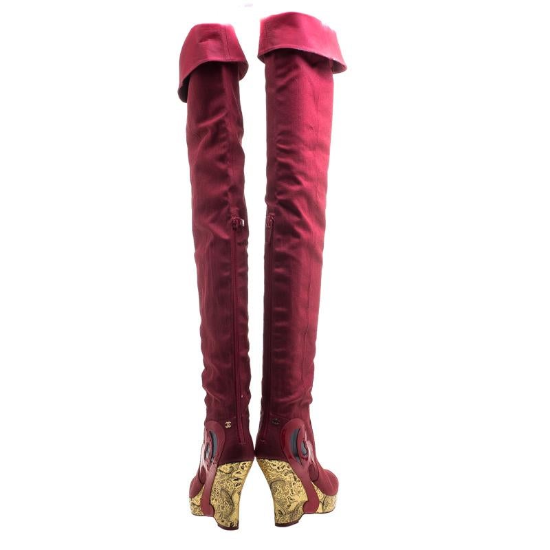 Brown Chanel Red Fabric and Patent Leather Metallic Gold Brocade Wedge Thigh High Boot