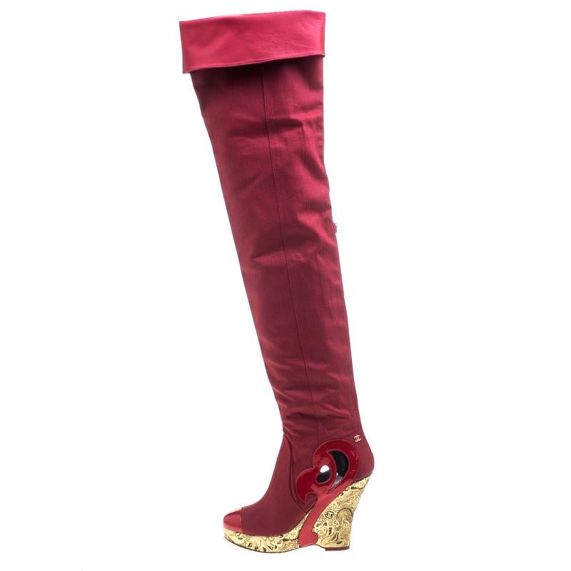 Women's Chanel Red Fabric and Patent Leather Metallic Gold Brocade Wedge Thigh High Boot