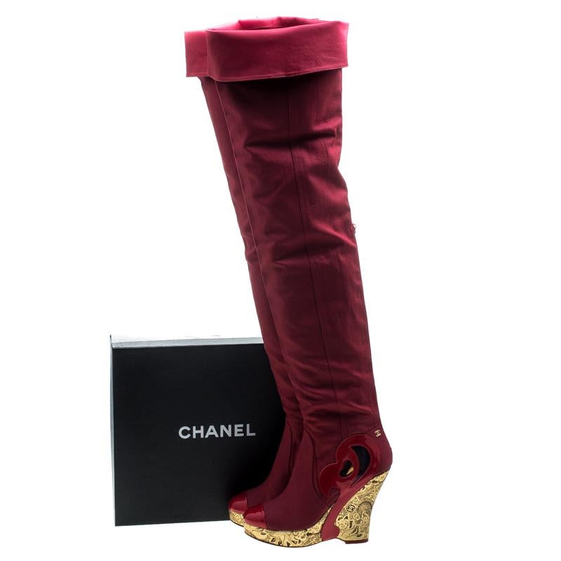 Chanel Red Fabric and Patent Leather Metallic Gold Brocade Wedge Thigh High Boot 2
