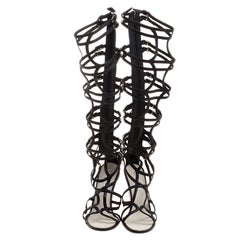 Chanel Black Leather Open Toe Gladiator Wedge Sandals Size 40.5