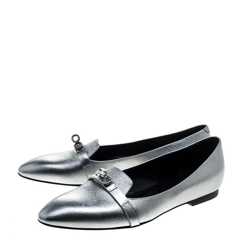 Hermes Metallic Silver Leather Pegase Mini Kelly Buckle Ballet Flats Size 38 1