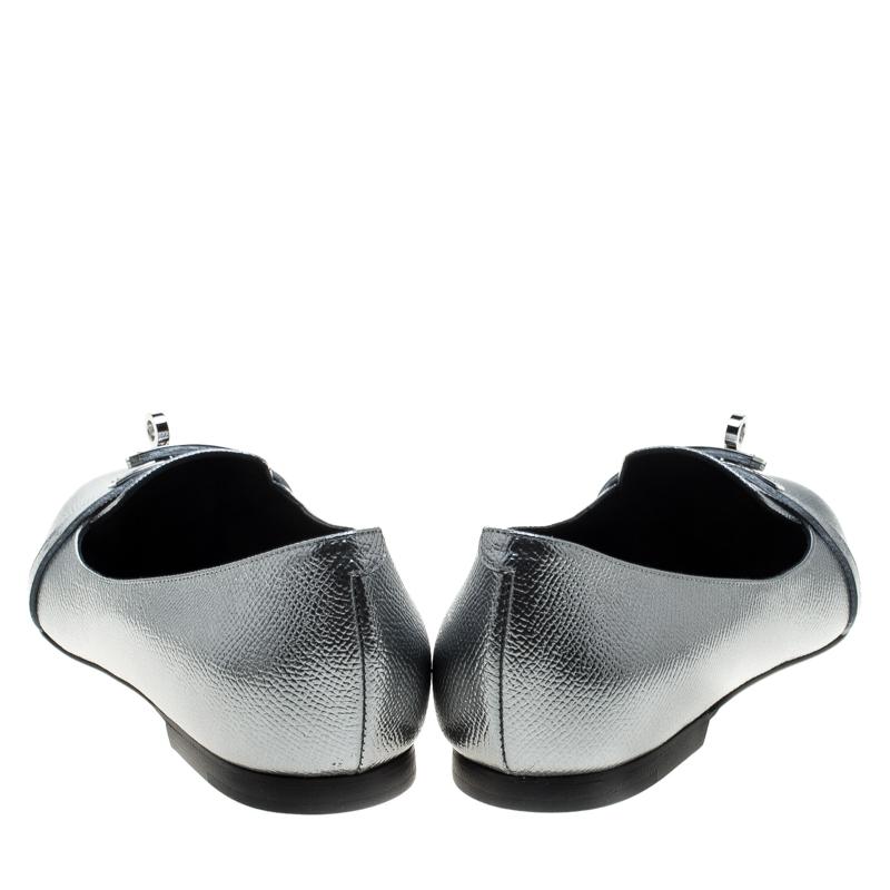 Black Hermes Metallic Silver Leather Pegase Mini Kelly Buckle Ballet Flats Size 38