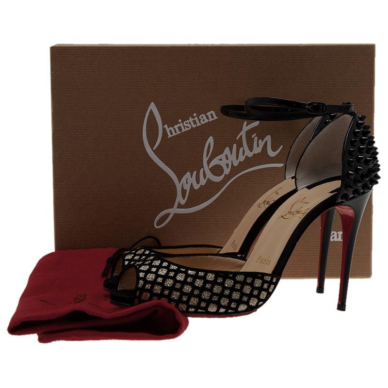 Christian Louboutin Silver and Black Flocked Suede Pina Spike Peep Toe Ankle Str 8