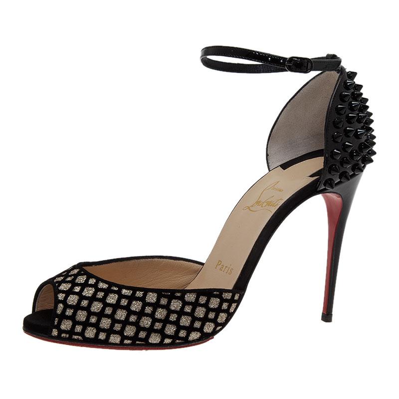 Christian Louboutin Silver and Black Flocked Suede Pina Spike Peep Toe Ankle Str