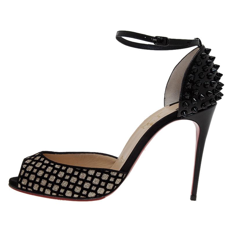 Christian Louboutin Silver and Black Flocked Suede Pina Spike Peep Toe Ankle Str 2