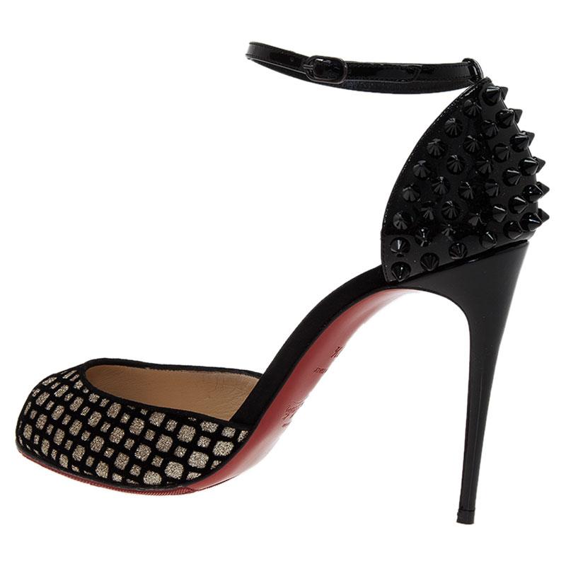 Christian Louboutin Silver and Black Flocked Suede Pina Spike Peep Toe Ankle Str 1