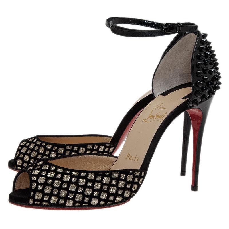 Christian Louboutin Silver and Black Flocked Suede Pina Spike Peep Toe Ankle Str 3