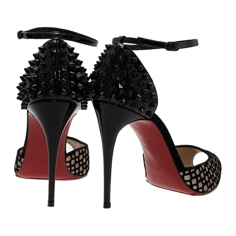 Christian Louboutin Silver and Black Flocked Suede Pina Spike Peep Toe Ankle Str In Excellent Condition In Dubai, Al Qouz 2