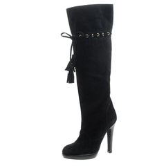 Saint Laurent Paris Black Suede Chelsea Tassel Knee Boots Size 36