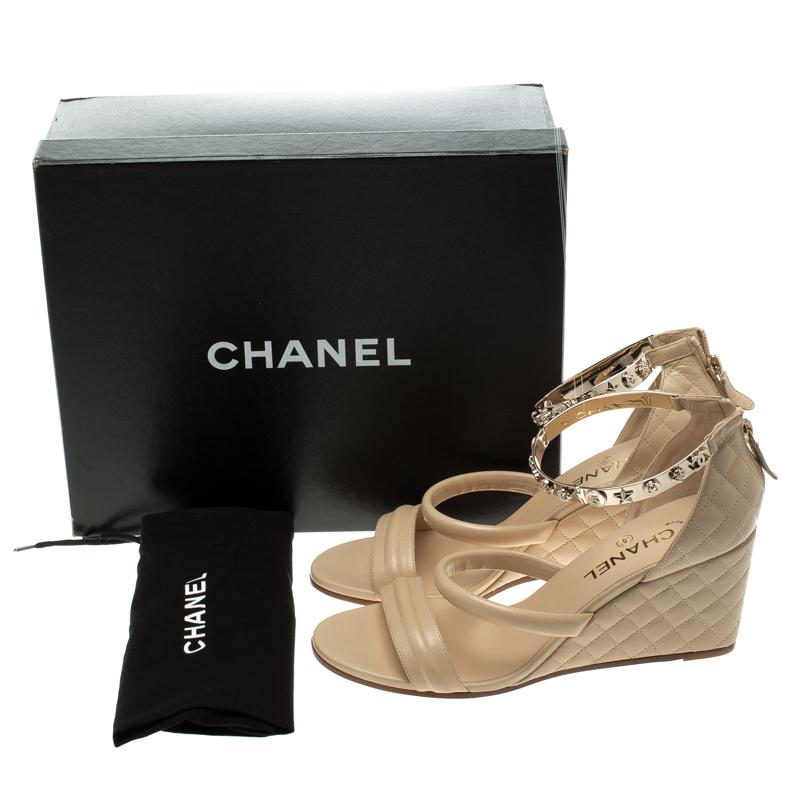 Chanel Beige Quilted Leather Charm Embellished Ankle Cuff Wedge Sandals Size 40. 3