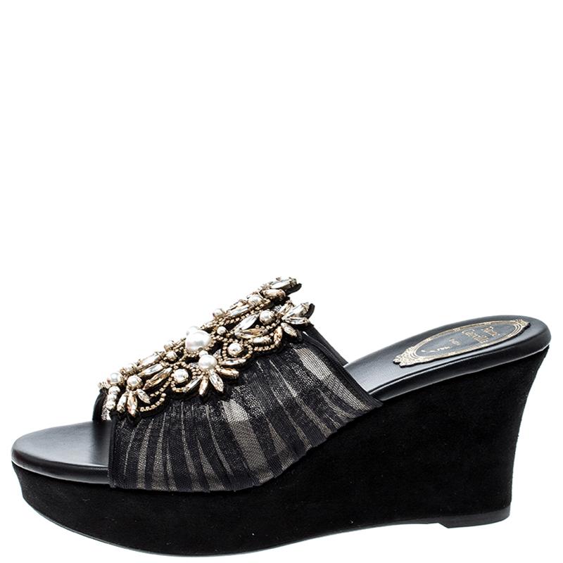 Rene Caovilla Black Pearl Embellished Ruched Tulle Peep Toe Wedge Slides Size 38 1