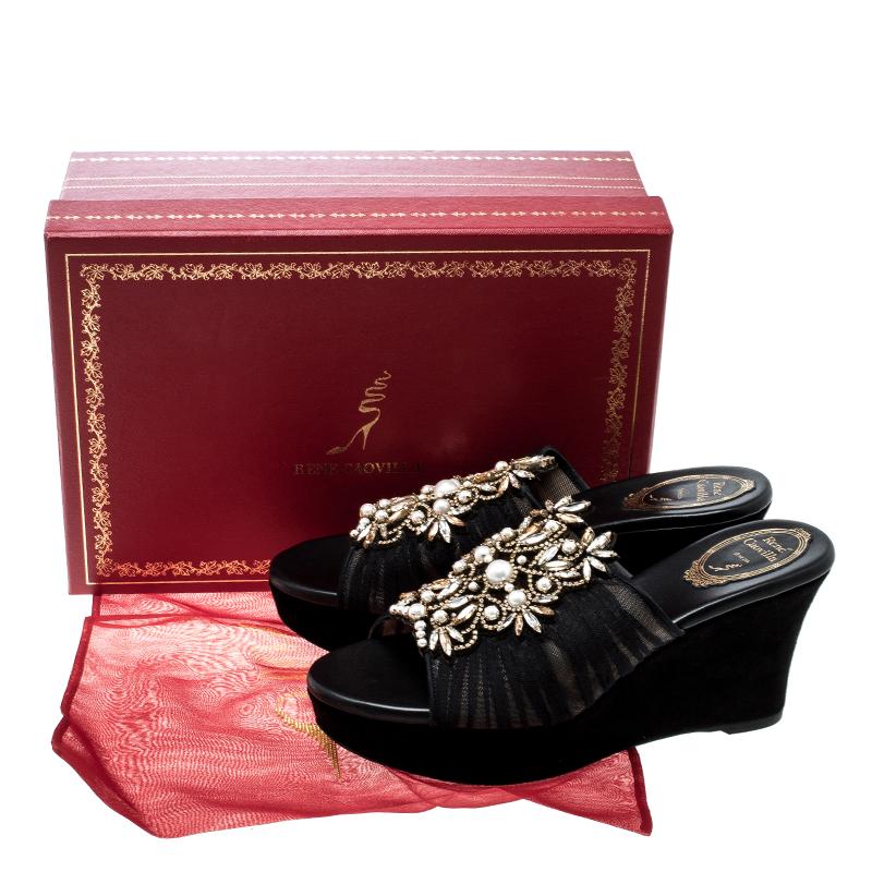 Rene Caovilla Black Pearl Embellished Ruched Tulle Peep Toe Wedge Slides Size 38 4
