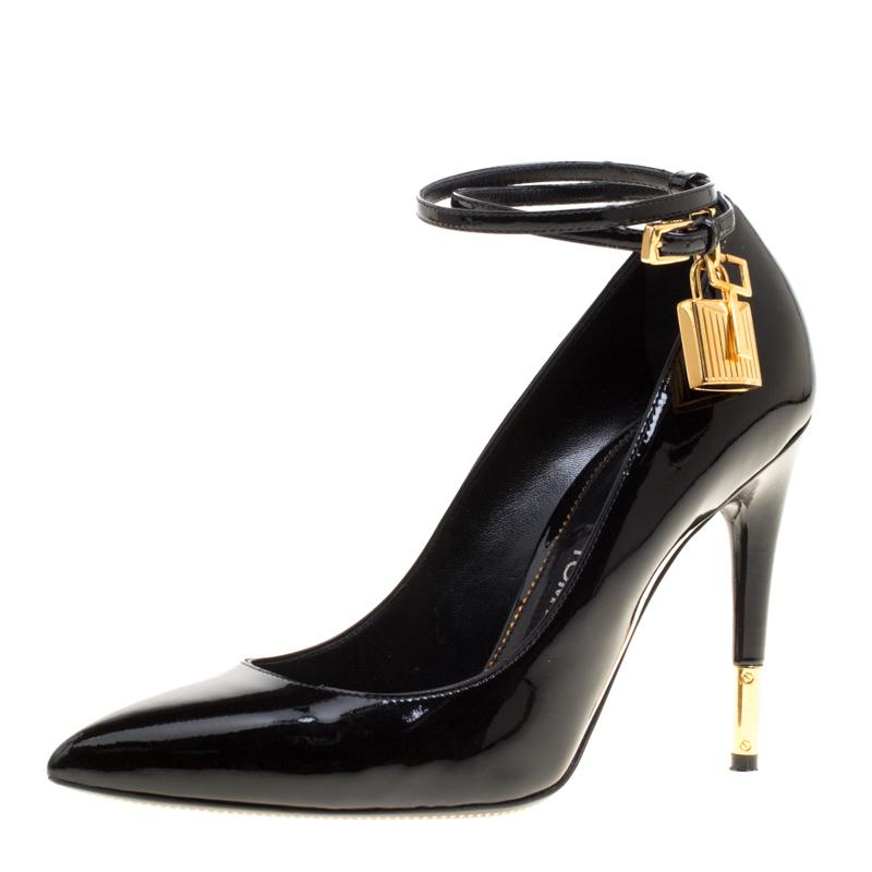 Tom Ford Black Patent Leather Ankle Lock Pointed Toe Pumps Size 37