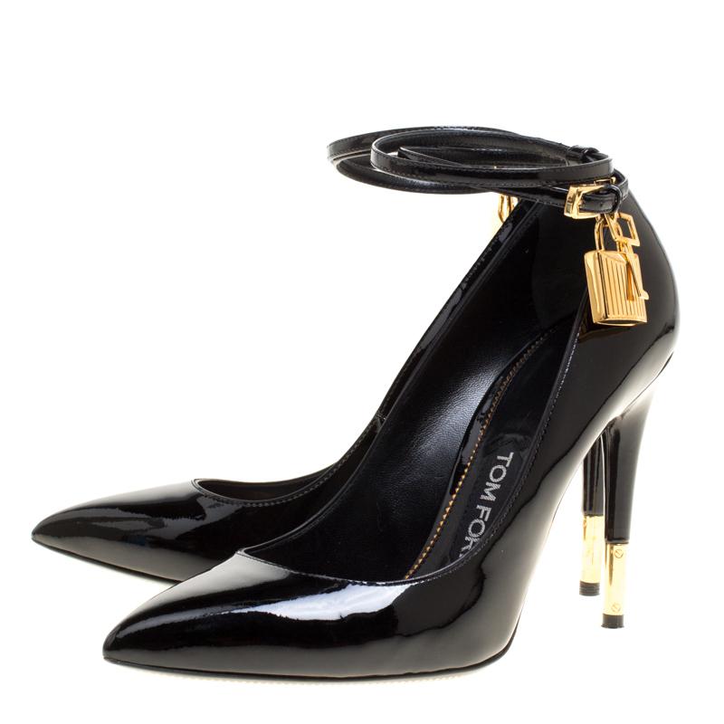 Tom Ford Black Patent Leather Ankle Lock Pointed Toe Pumps Size 37 2