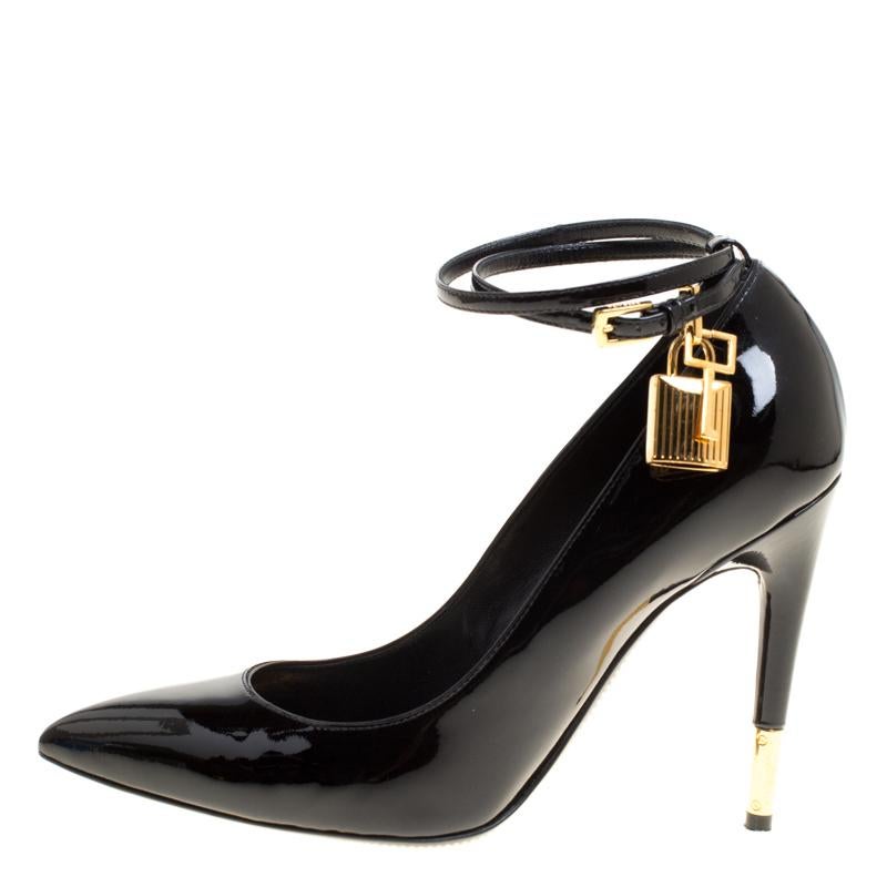 Tom Ford Black Patent Leather Ankle Lock Pointed Toe Pumps Size 37 1