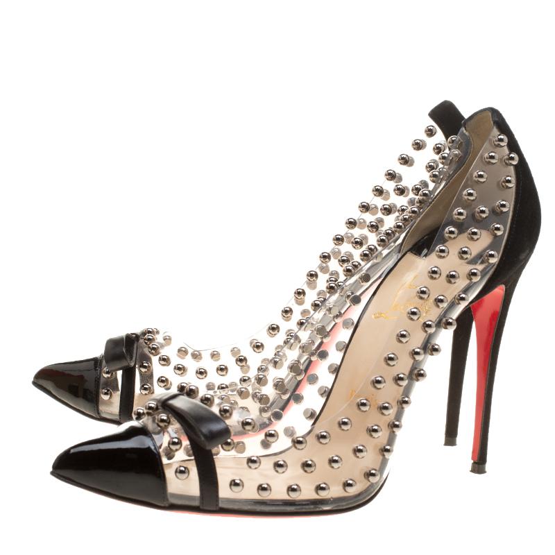 Christian Louboutin Black Studded PVC and Suede Bille Et Boule Bow Pointed Toe P 1