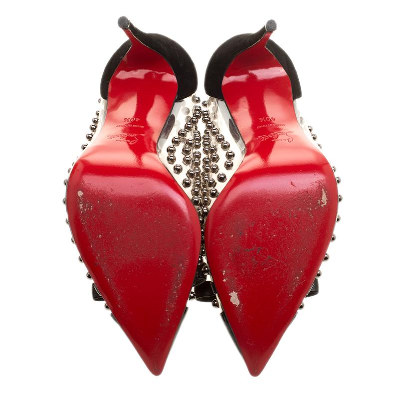 Christian Louboutin Black Studded PVC and Suede Bille Et Boule Bow Pointed Toe P In Good Condition In Dubai, Al Qouz 2