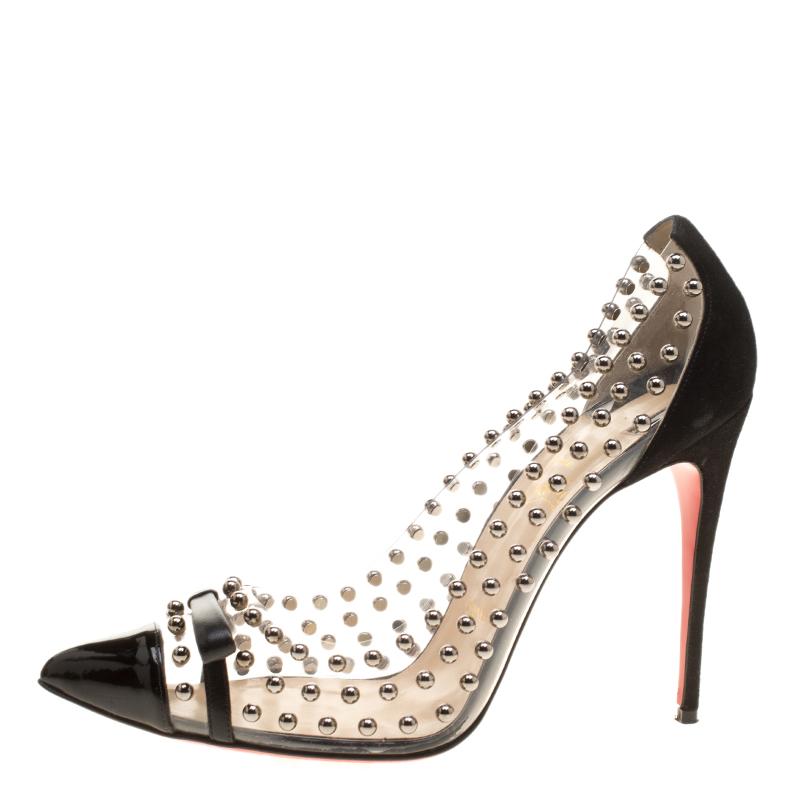 Women's Christian Louboutin Black Studded PVC and Suede Bille Et Boule Bow Pointed Toe P