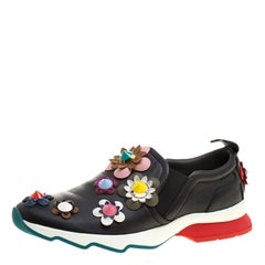 Fendi Black Leather Flowerland Slip On Sneakers Size 39