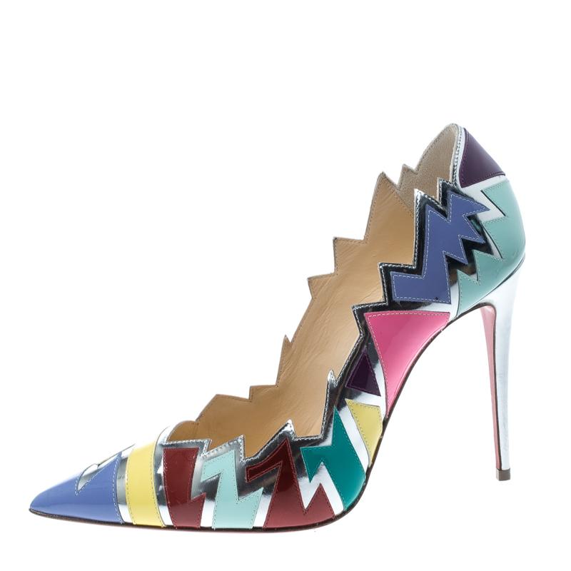 Christian Louboutin Multicolor Jagged Leather Explotek Pointed Toe Pumps Size 38
