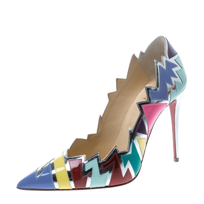 Women's Christian Louboutin Multicolor Jagged Leather Explotek Pointed Toe Pumps Size 38