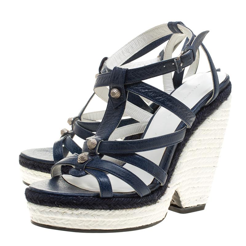 Balenciaga Blue/White Leather Espadrille Wedge Sandals Size 38 1