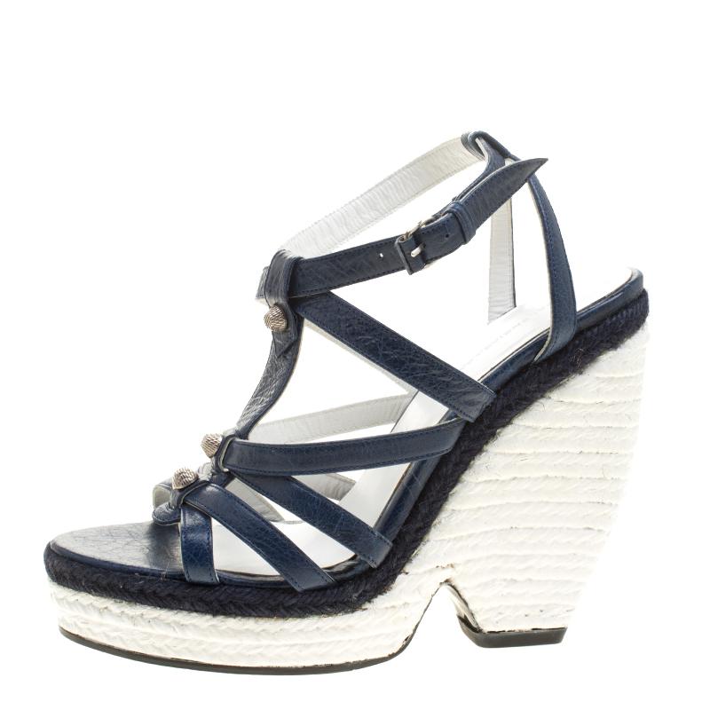 Women's Balenciaga Blue/White Leather Espadrille Wedge Sandals Size 38