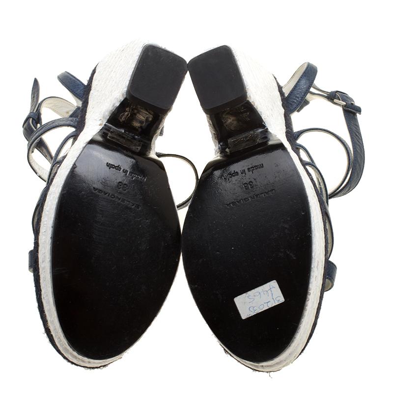 Balenciaga Blue/White Leather Espadrille Wedge Sandals Size 38 In Good Condition In Dubai, Al Qouz 2