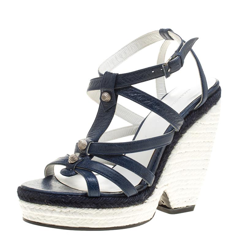 Balenciaga Blue/White Leather Espadrille Wedge Sandals Size 38