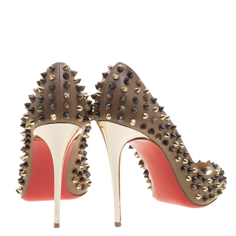 Christian Louboutin Brown Leather Follies Spikes Peep Toe Pumps Size 38.5 In Good Condition In Dubai, Al Qouz 2