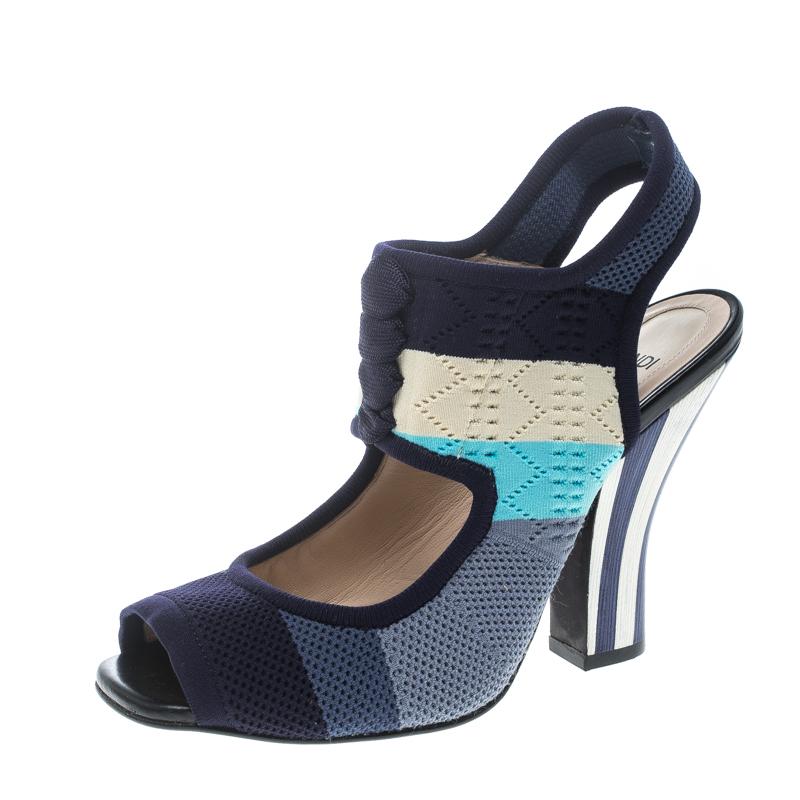 Fendi Multicolor Knitted Mesh Fabric Ankle Strap Sandals Size 37.5