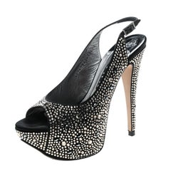 Gina Black Satin Crystal Embellished Platform Peep Toe Slingback Sandals Size 38